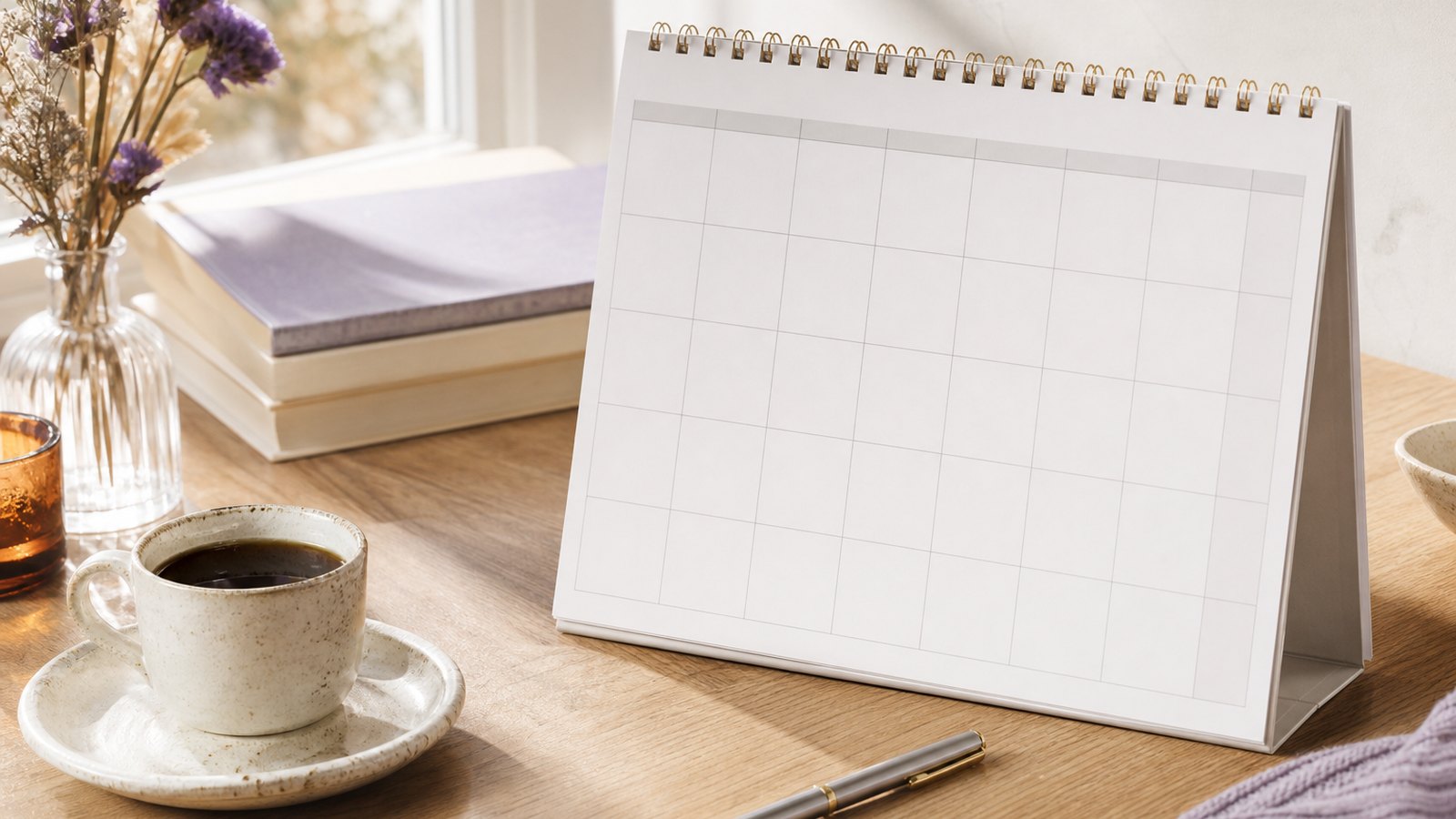 Un calendario, café y un bolígrafo en un escritorio, planificando un plan de estudio de inglés