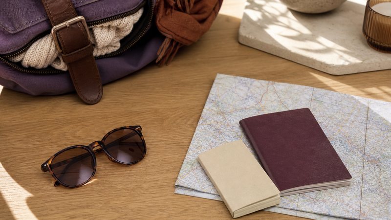 Un pasaporte, una pequeña guía de frases y un mapa sobre una mesa al preparar un viaje a un país de habla inglesa