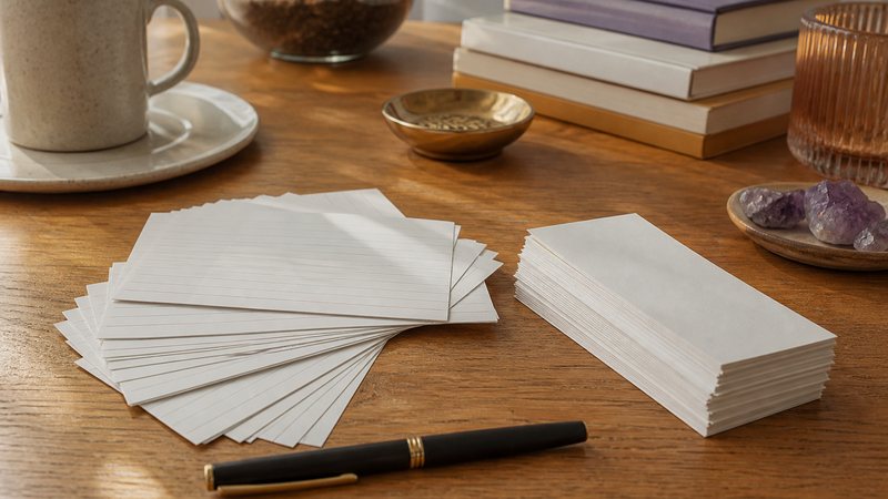 Flashcards de vocabulario en inglés repartidas en un escritorio durante una sesión de estudio